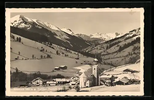 AK Saalbach, Ortspartie mit Kirche gegen Zwölfer, Penhab, Schusterkogel und Gamshag