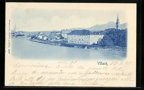 AK Villach, Uferpartie mit Kirche