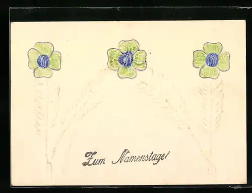Papierkunst-AK Grüne Blumen, Glückwunsch zum Namenstag