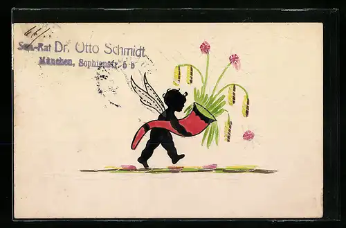 Papierkunst-AK Elf mit Blumen im Horn