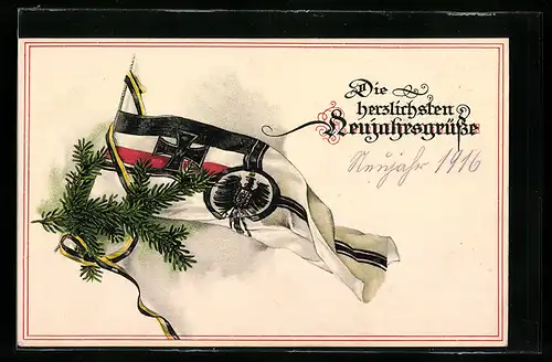 AK Fahne mit Tannenzweig, Neujahrsgruss