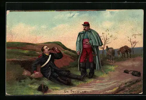 AK Geschwächter Soldat nimmt Medizin von einem Kameraden am Wegesrand, Rotes Kreuz