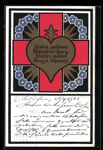 AK München, Münchner Herz auf Rotem Kreuz, Ornamente, Rotes Kreuz