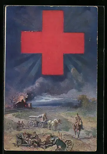 AK Sanitäter versorgen verletzte Soldaten, Rotes Kreuz am Himmel