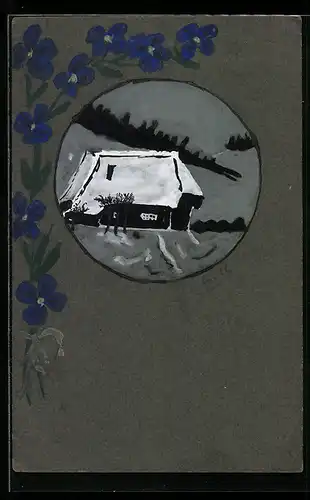 Künstler-AK Handgemalt: Haus im Schnee, blauer Blütenzweig