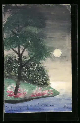 Künstler-AK Handgemalt: Kleine Insel bei Vollmond