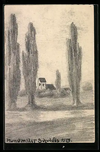 Künstler-AK Handgemalt: Kirche in Auenlandschaft, Mundmaler Schuldis 1919