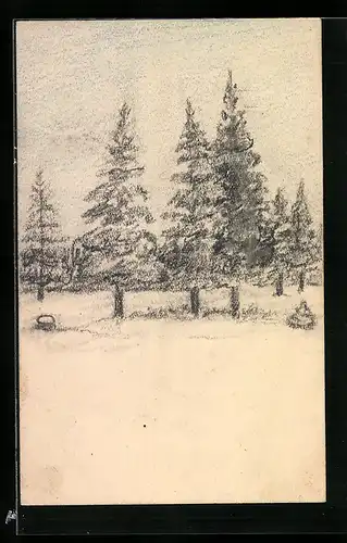 Künstler-AK Handgemalt: Tannen und Lichtung im Wald