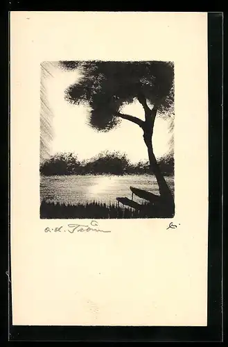 Künstler-AK Handgemalt: Bootssteg am Abend