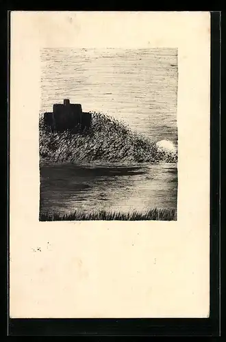 Künstler-AK Handgemalt: Burg mit untergehender Sonne