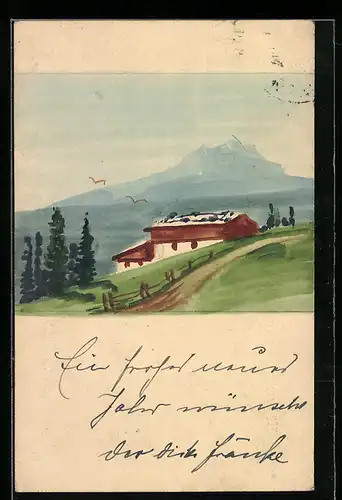 Künstler-AK Handgemalt: Haus vor einem Berggipfel