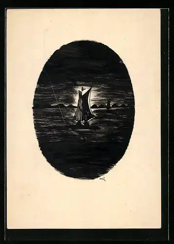 Künstler-AK Handgemalt: Segelboot im Mondschein