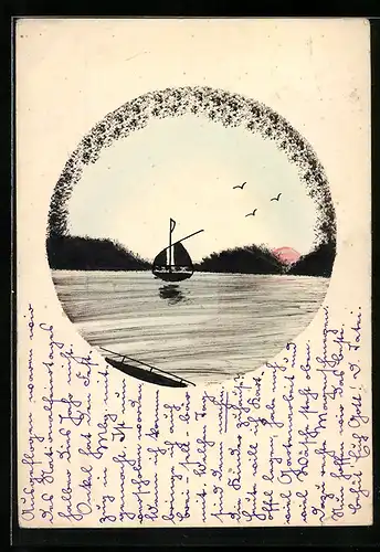 Künstler-AK Handgemalt: Segelboot mit roter Sonne