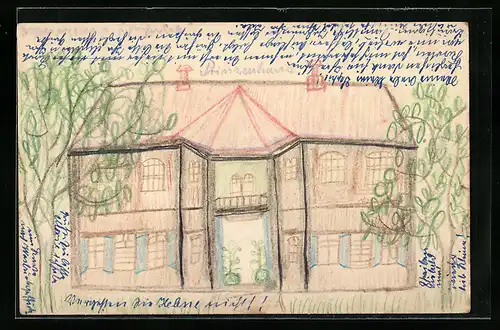 Künstler-AK Handgemalt: Turmgebäude mit Bäumen