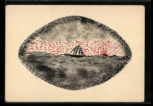 Künstler-AK Handgemalt: Segelschiff vor roter Sonne