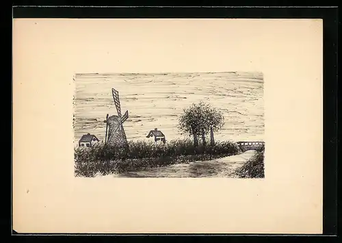 Künstler-AK Handgemalt: Flusspartie mit Windmühle und Brücke