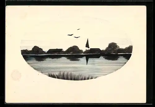 Künstler-AK Handgemalt: Panorama eines Ortes am Wasser