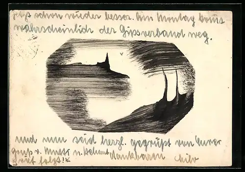 Künstler-AK Handgemalt: Kirche an einem Gewässer