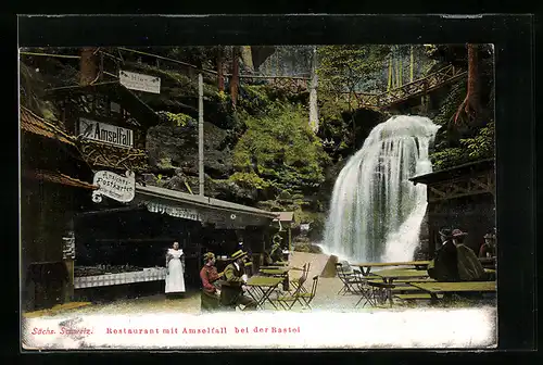 AK Bastei / Sächs. Schweiz, Restaurant mit Amselfall, Verkaufsstand mit Ansichts-Postkarten