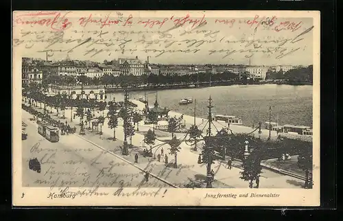 AK Hamburg-Neustadt, Strasse Jungfernstieg mit Strassenbahn und Binnenalster