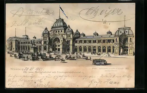 AK Nürnberg, Der neue Centralbahnhof mit Prinzregentendenkmal