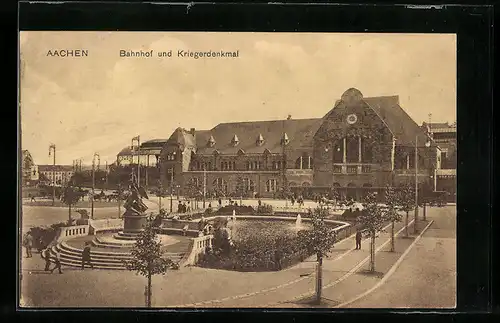 AK Aachen, Bahnhof und Kriegerdenkmal