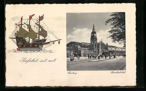 AK Hamburg-St.Georg, Hauptbahnhof, Segelschiff