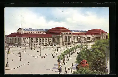 AK Leipzig, Hauptbahnhof mit Vorplatz und vielen Menschen