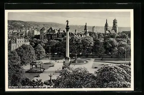 AK Stuttgart, Schlossplatz mit Altem Schloss und Denkmal