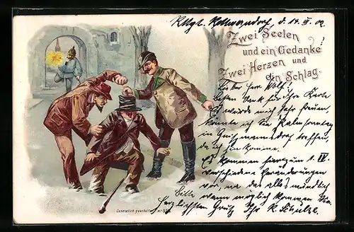 Lithographie Polizei kommt Mann zur Hilfe