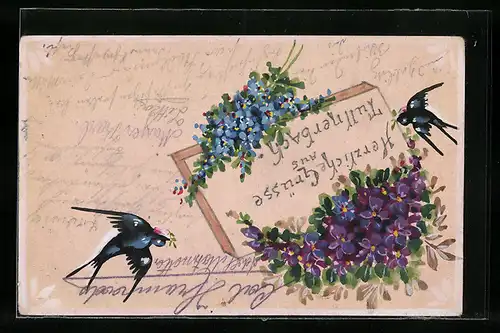 Künstler-AK Handgemalt: Schwalben senden Grüsse mit lilanen und blauen Blumen