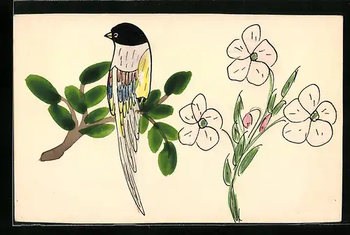 Künstler-AK Handgemalt: Vogel auf Zweig und Blumen