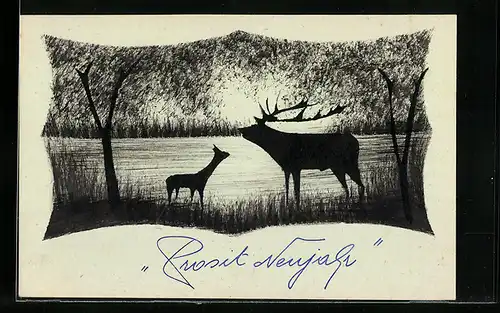 Künstler-AK Handgemalt: Hirsche am Wasser