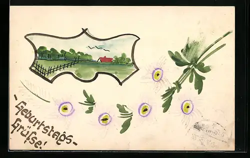 Künstler-AK Handgemalt: Blick auf Feld und Haus