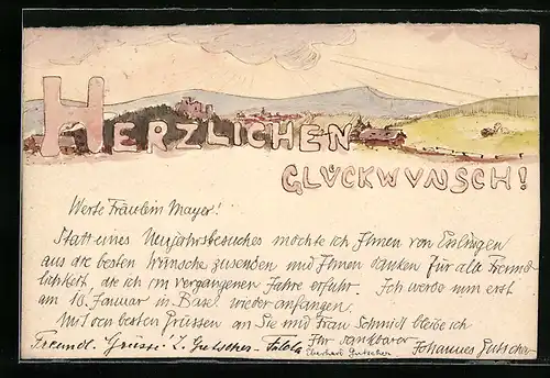 Künstler-AK Handgemalt: Ortsansicht einer Stadt bei Tag