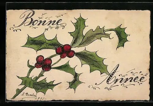 Künstler-AK Handgemalt: Mistelzweig mit Früchten
