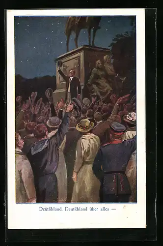 AK Propaganda 1. Weltkrieg, Deutschland, Deutschland über alles, jubelnde Soldaten & Zivilisten vor einem Denkmal
