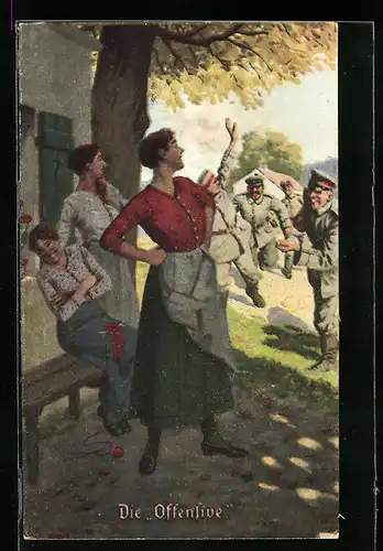 Künstler-AK Arthur Thiele unsign.: Die Offensive nähert sich drei Damen