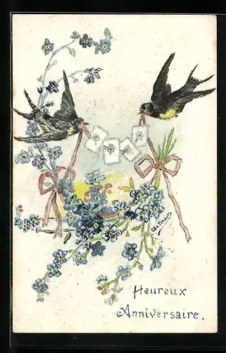 Künstler-AK Handgemalt: Zwei Schwalben mit Girlande aus Karten, Geburtstagsgruss