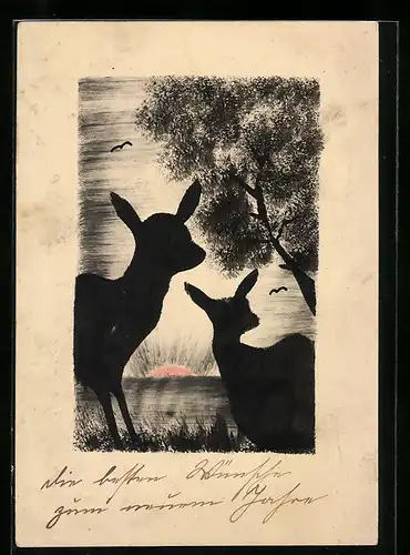 Künstler-AK Handgemalt: Rehe im Sonnenaufgang