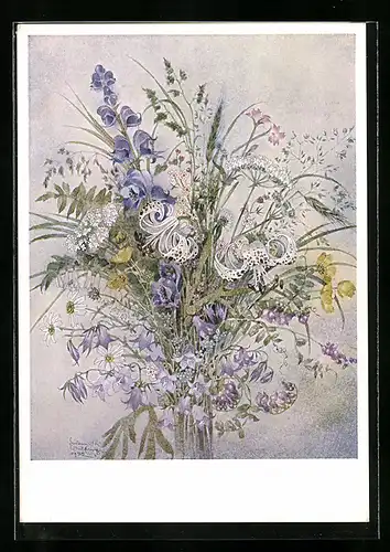 Künstler-AK Sulamith Wülfing: Sommerblumen, Blumenstrauss in lila und weiss
