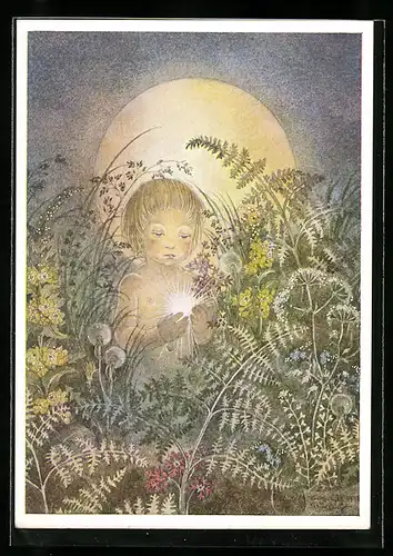 Künstler-AK Sulamith Wülfing: Der Leuchtkäfer, Kind im Blumenbeet mit Glühwürmchen
