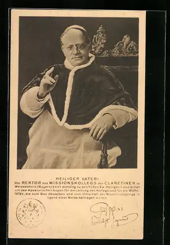AK Heiliger Vater!, Rektor des Missionskollegs der Clarentiner Papst Pius XI.