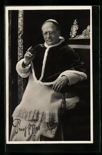 AK Papst Pius XI. auf dem Papstthron, Portrait mit Signatur