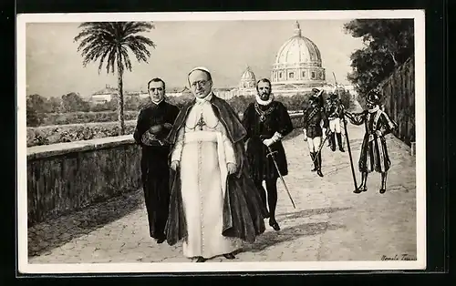 Künstler-AK Papst Pius XI. spaziert am Petersdom