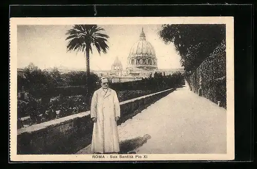 AK Roma, Promenade mit Papst Pius XI., Im Hintergrund Kirche
