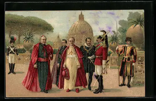 AK Papst Pius XI. und Soldaten vor der Kirche