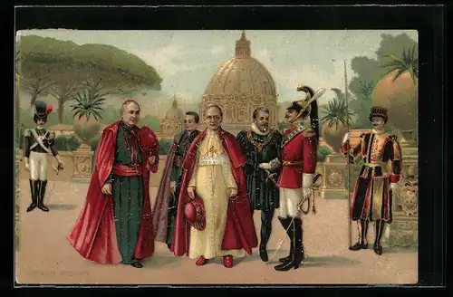 AK Papst Pius XI. und Soldaten vor der Kirche