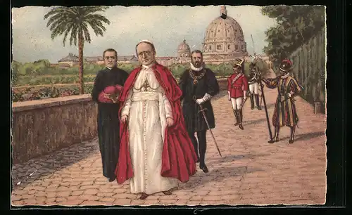 Künstler-AK Papst Pius XI. beim Spaziergang im Garten des Vatikan