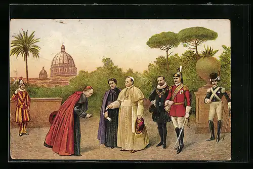 Künstler-AK Vatican, Papst Pius XI. e la sua Corte nei Giardini Vaticani